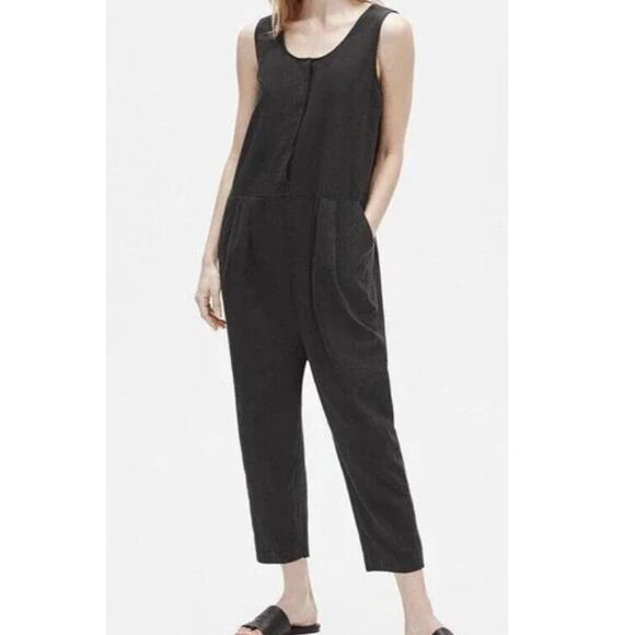 Eileen Fisher Black Cotton Linen Jumpsuit Overalls Romper Pantsuit XL One Piece - Picture 1 of 8